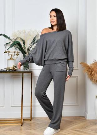 Брючный костюм женский нарядный теплый повседневный ангоровый в рубчик базовый бежевый серый черный коричневый дворцово батал зимний