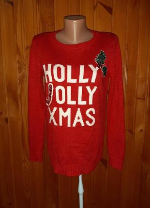 Красный рождественский свитер с карамельной тростью и веточкой омеллы из пайеток1 фото
