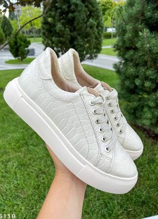 Кеды, к015, молочный, натуральная кожа под рептилию