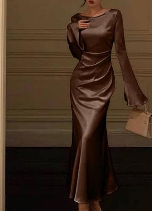 Сукня міді однотонна на довгий рукав на шнурівці якісна стильна шоколад шампань