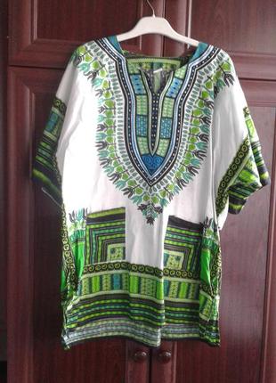 Бело-зеленая африканская хлопковая рубашка ,туника дашики унисекс mama&papa