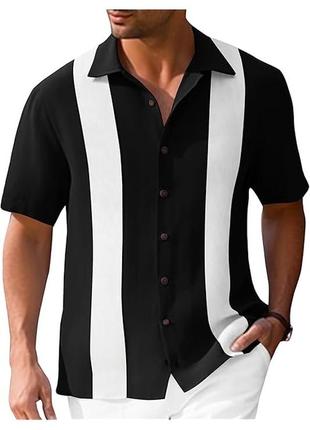 Мужская рубашка черно белая в полоску большой размер летняя