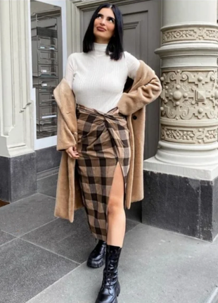 Юбка в клетку zara с узлом натуральная ткань