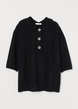 Черный джемпер поло на короткий рукав с красивыми пуговицами h&m, топ в стиле олд мани, old money шерсть в составе