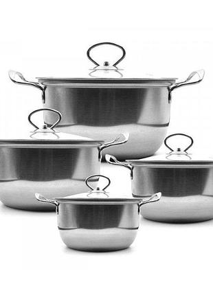 Набор кастрюль unique un-5072 8 предметов нержавеющая сталь стеклянные крышки, набор посуды для плит.i+