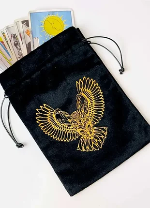 Черный бархатный мешочек для карт таро с рисунком совы+подарок