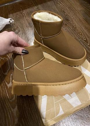 Тренд сезона! коричневые укороченные угги ugg на высокой подошве mini platform