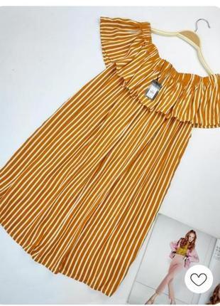 Брендовое милое платье в полоску с рюшами на плечах primark