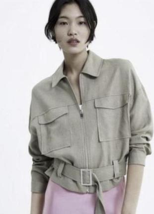 Куртка рубашка бомбер zara хакі з поясом вкорочена