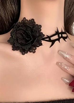 Черный кружевной чокер цветок с шипами, 109746