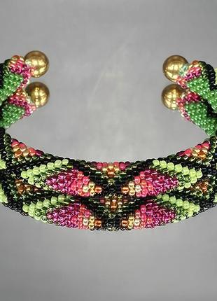 Браслет зеленый из бисера с геометрическим узором (00022227)