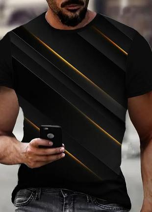 Мужская модная футболка с 3д печатью в черном цвете с золотыми акцентами.