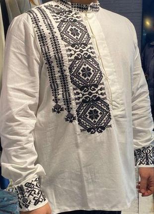 Колоритная мужская рубашка вышиванка, украинская рубашка вышитая, этатно рубашка с вышивкой крестиком для мужчины