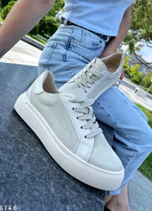 Кеды, к017, молочный, натуральная кожа/замша