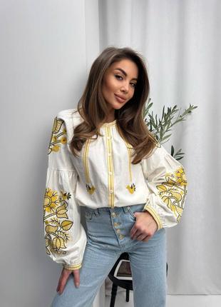 Колоритна сорочка з вишивкою, українська вишиванка, етно блуза з вишивкою, рубашка вишита