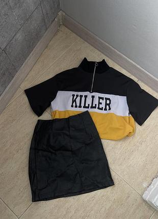 Сет из двух вещей: кроп и кожаная юбка