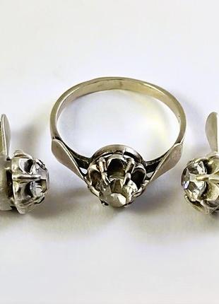 Советский классический серебряный набор: серьги с кольцом. 925 проба "звезда".