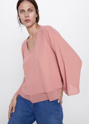 Брендова двошарова рожева вільна блуза блузка кольору темної пудри з широким рукавом zara m