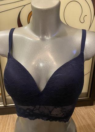Шикарный, базовый, с кружевом, бюстгальтер, бралет, без косточек, темно синем цвете, от бренда: george 👌