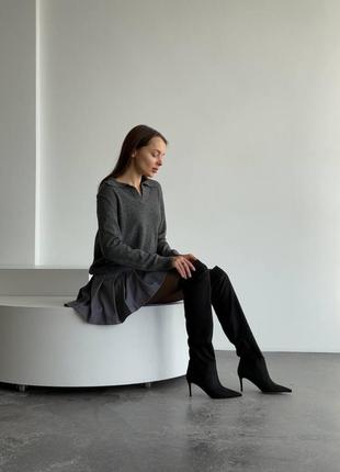 Черные замшевые демисезонные деми сапоги ботфорты на средней шпильке с острым носом6 фото