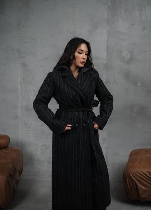 Пальто женское в полоску теплое на подкладке с поясом качественное стильное серое шоколад