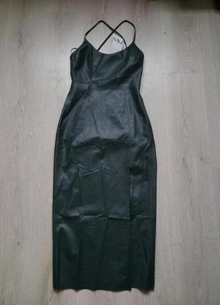 Платье платье миди кожаное с разрезом хаки s zara 2207/1336 фото