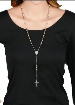 Колье сотуар с крестом бусы длинные подвеска крестик серебристый золотистый новый