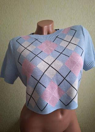 Кроп топ. укороченный свитер. теплая футболка. пуловер ромбы.