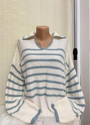 Стильный полосатый свитер поло с отложным воротником бренда tu