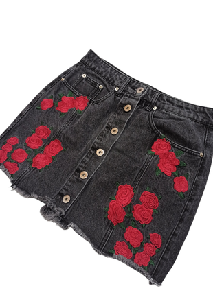Джинсовая юбка, юбка с вышивкой liquor n poker
