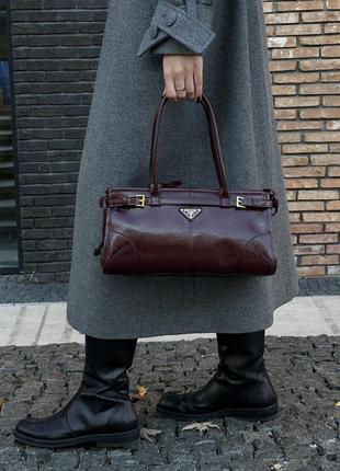 Кожаная лаковая сумка бренд 1:1 под прада люкс качество натуральная кожа бордовая вишневая бургунди
