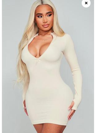 Коротка міні сукня лонг екрю в рубчик плаття