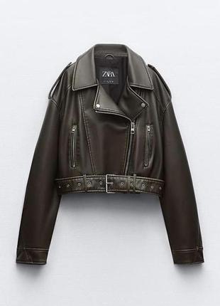 Укороченная оверсайз косуха из экокожи цвета хаки зара zara