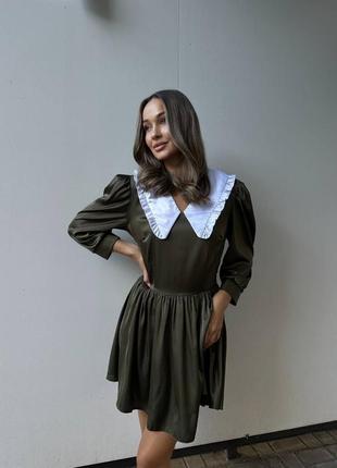 Шовкова сукня з білим коміром,нарядне плаття з шовку з білим воротником, чорне плаття елегантне, коротка атласна сукня з білим5 фото