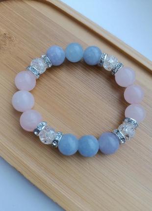 Браслет из натурального камня, розового кварца и квамарина