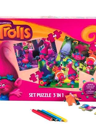 Фірмові дитячі пазли king 3 в 1 - тролі trolls world tour оригінал