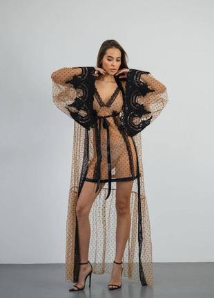 Прозрачный кружевной бежевый домашний костюм пижама рубашка и халат