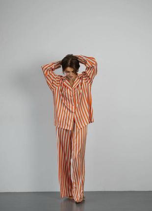 Шелковая пижама в полоску брюки рубашка и платок