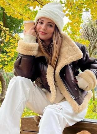 Черная дубленка-авиатор с премиум экокожи под zara