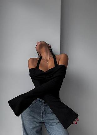 Стильный лонгслив с рокзлеными рукавами из ангоры в рубчик: черный и белый ⚘️