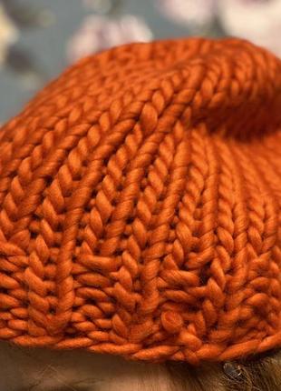 Жіноча зимова шерстяна помаранчева шапка з грубої нитки, вовна2 фото
