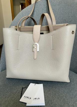 Кожаная сумка furla, бежевая сумка шоппер