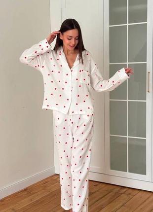 Муслінова піжама в сердечка / мусліновий домашній костюм / сорочка та штани