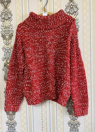 Стильный вязаный свитер букле, красный с белым мирор водолазка