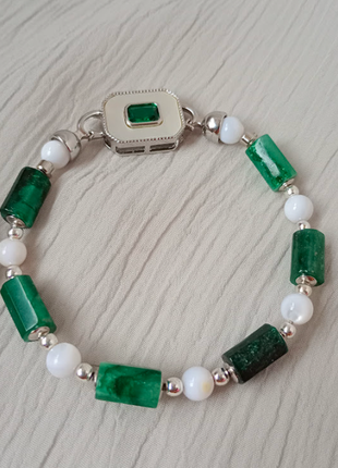 Роскошный статусный браслет се.рьги ку..лон изумруд перламутр фианит серебро