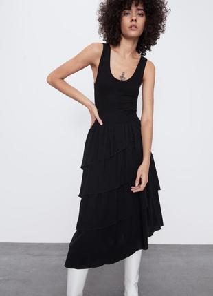 Черное миди платье zara новое платье с воланами сарафан миди-платье