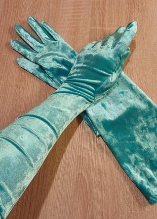Довгі оксамитові рукавички, бірюзові/лазурні рукавички