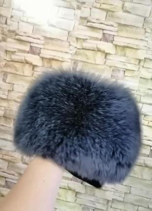 Шапка натуральними песець сіро-синього кольору зі вставкою з натуральної шкіри розмір регулюється