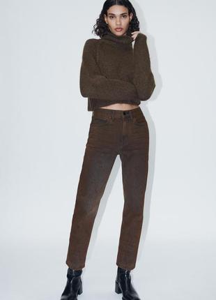 Укорочені коричневі джинси прямого крою zara - 36 - з ефектом старіння