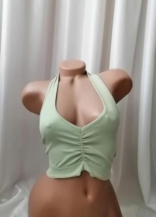 Топик туречковика в рубчик открытая спинка нежный фисташковый цвет